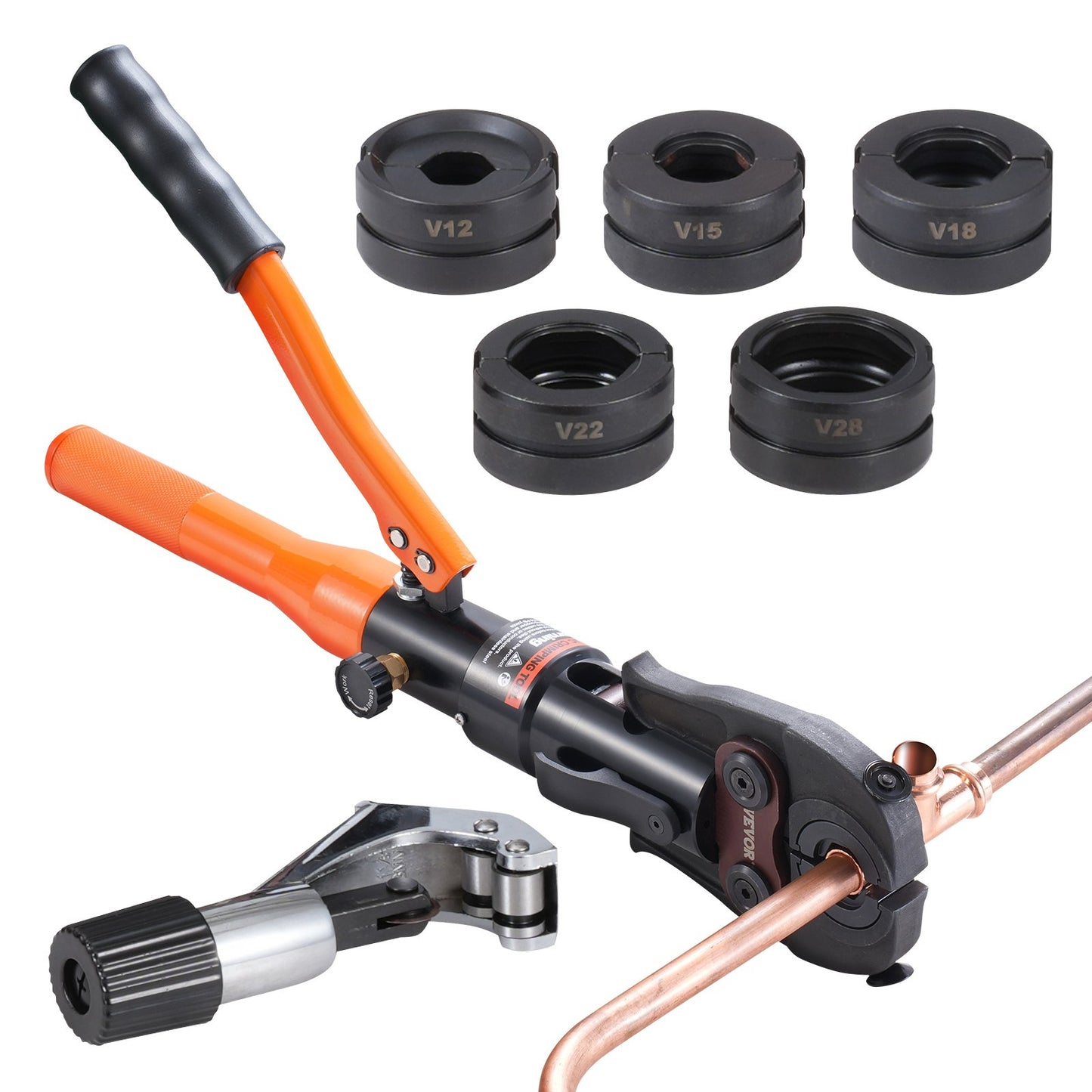 Copper Tube Fittings Hydraulic Pipe Crimping Tool, Pressing Plier with V12, V15, V18, V22, V28 Quick Change Jaws, 360° Rotatable Press Kit for Confined Spaces Tee Fittings Hydraulically Driven