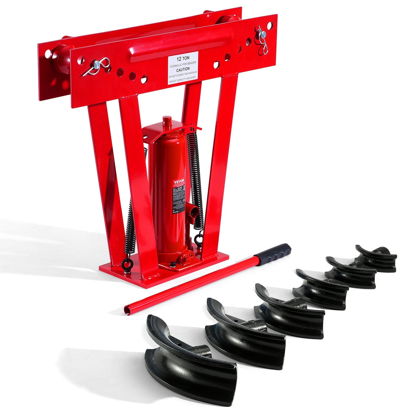 Hydraulic Pipe Bender, 12 Ton Manual Copper Exhaust Pipe Bending Machine with 6 Dies (1/2" - 2") and 90 - 180° Adjustable Rollers, Heavy-Duty Pipe Tube Bender for Piping Railing Construction