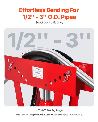 Hydraulic Pipe Bender, 16 Ton Manual Copper Exhaust Pipe Bending Machine with 8 Dies (1/2" - 3") and 90 - 180° Adjustable Rollers, Heavy-Duty Pipe Tube Bender for Piping Railing Construction