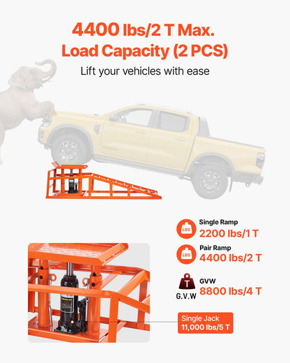 Hydraulische Auffahrrampen, 2 Stück, 5 Tonnen (11.000 lbs), 270–360 mm Hubhöhe, robuste hydraulische Fahrzeugrampen, tragbare Hebebühnen für die Heimwerkstatt, Wartung und Ölwechsel, LKW- und Fahrzeugreparatur