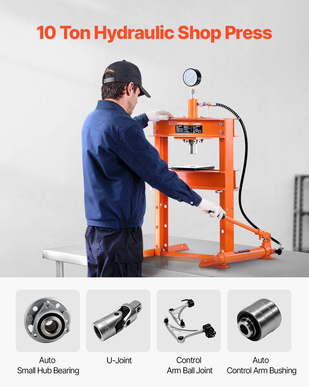 Hydraulic Shop Press, 10 T H-Frame Shop Press with Press Plate & H-shaped Base, Stable Garage Floor Adjustable Hydraulic Press with Relief Valve, Fit for Bending, Straightening & Stamping