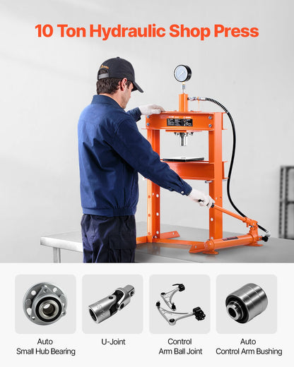 Hydraulic Shop Press, 10 T H-Frame Shop Press with Press Plate & H-shaped Base, Stable Garage Floor Adjustable Hydraulic Press with Relief Valve, Fit for Bending, Straightening & Stamping