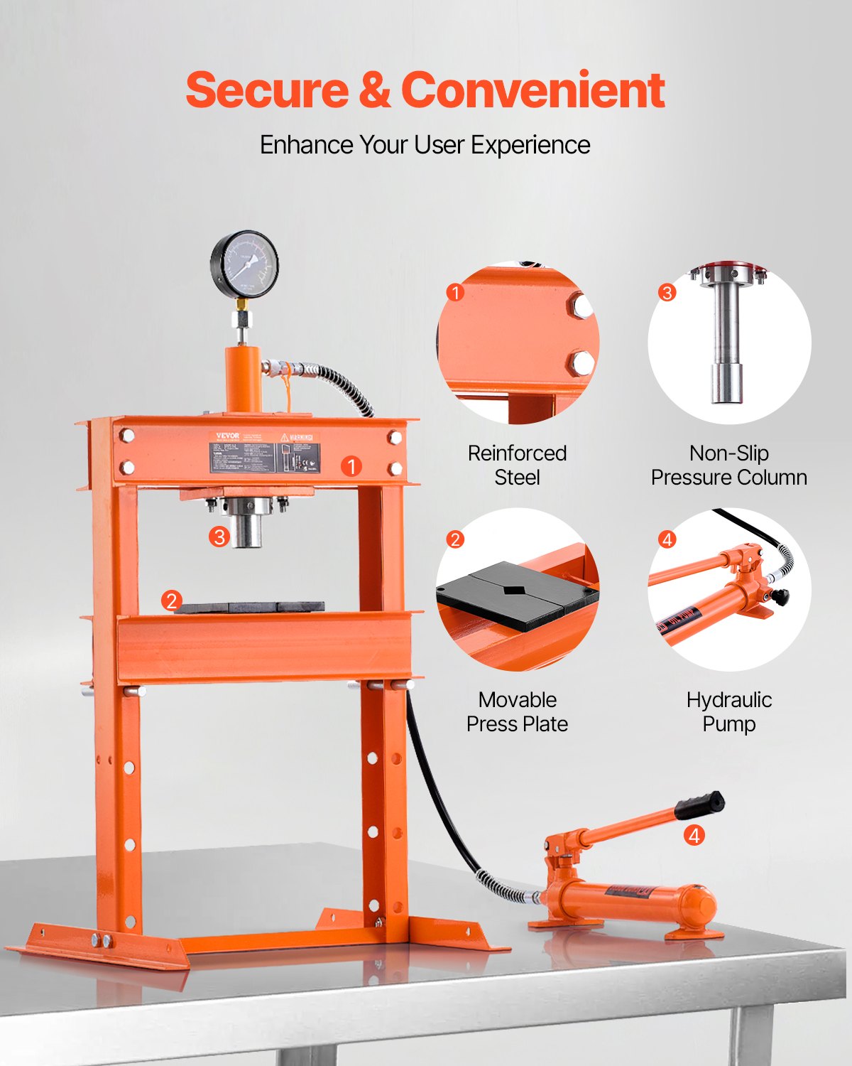 Hydraulic Shop Press, 10 T H-Frame Shop Press with Press Plate & H-shaped Base, Stable Garage Floor Adjustable Hydraulic Press with Relief Valve, Fit for Bending, Straightening & Stamping