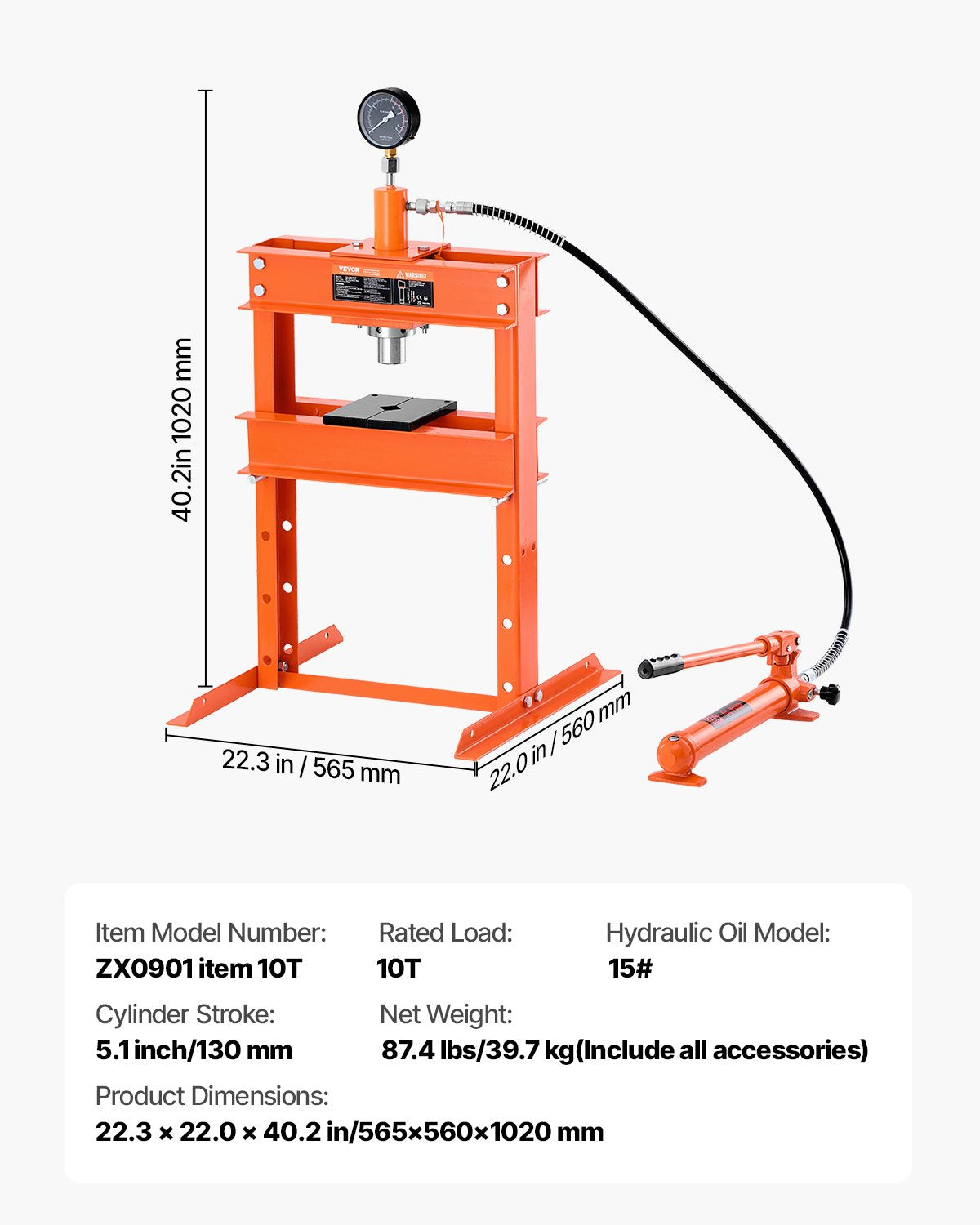 Hydraulic Shop Press, 10 T H-Frame Shop Press with Press Plate & H-shaped Base, Stable Garage Floor Adjustable Hydraulic Press with Relief Valve, Fit for Bending, Straightening & Stamping