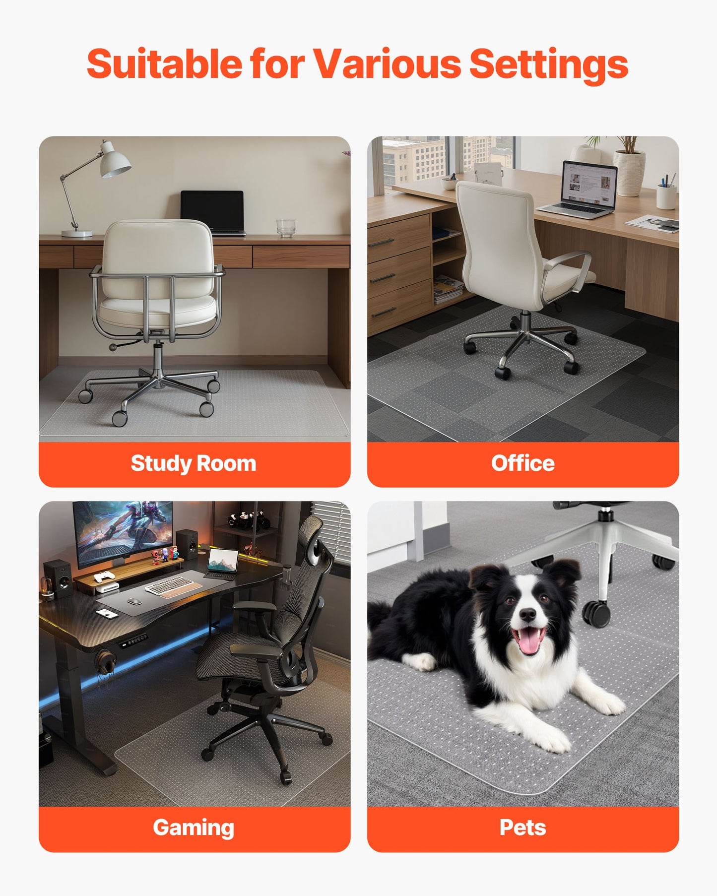 Stuhlmatte, 915 x 1225 mm Bürostuhlmatte für Teppichböden, Kunststoff-Bodenschutzmatte mit Noppen, rutschfest und leicht zu reinigen, leicht zu gleitende Untertischmatte für das Homeoffice (rechteckig)