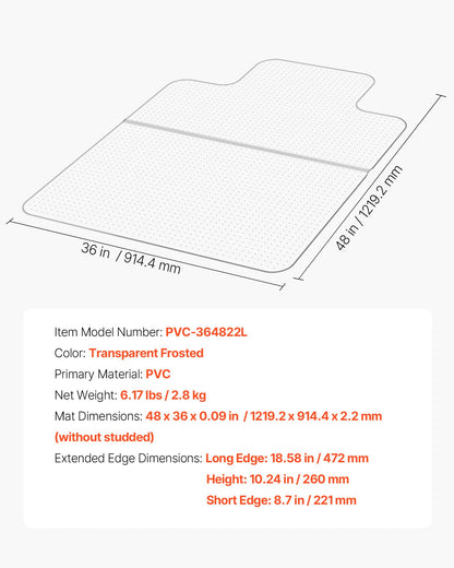 Stuhlmatte mit Rand, 915 x 1225 mm, Bürostuhlmatte für kurzflorige Teppichböden, Kunststoff-Bodenschutzmatte mit Noppen, rutschfest und leicht zu reinigen, leicht zu gleitende Unterlage für Schreibtische im Homeoffice