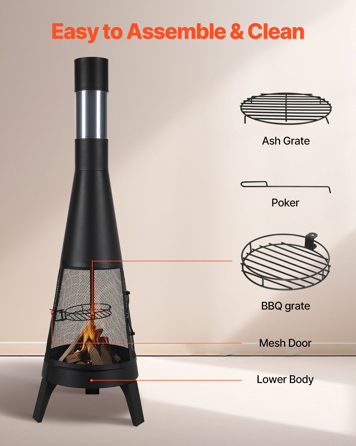 Chiminea, 20 Inch Outdoor Wood Burning Firepit, Conical Fireplace for BBQ & Warming, Outside Wooden Fire Pit with Grill Mesh, Chimney Coat & Rustproof Chiminea Lid, for Patio, Garden, Backyard