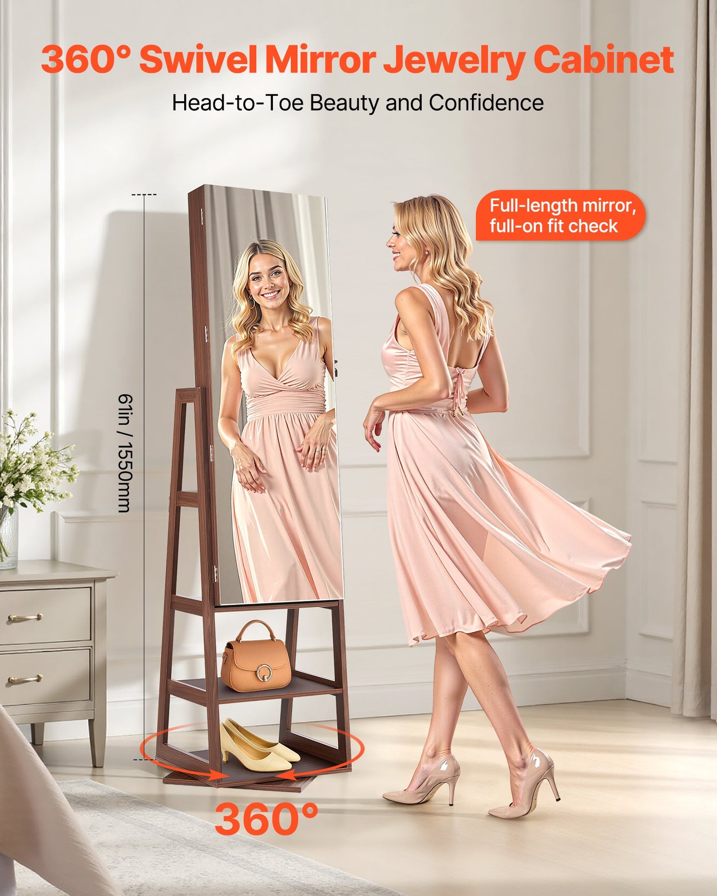 360° drehbarer Schmuckschrank, 1550 mm hoch, Ganzkörperspiegel mit Ablage, freistehender, drehbarer Schmuckschrank, abschließbare Tür mit 2 Schlüsseln, Zubehörtaschen und Ablagefächern