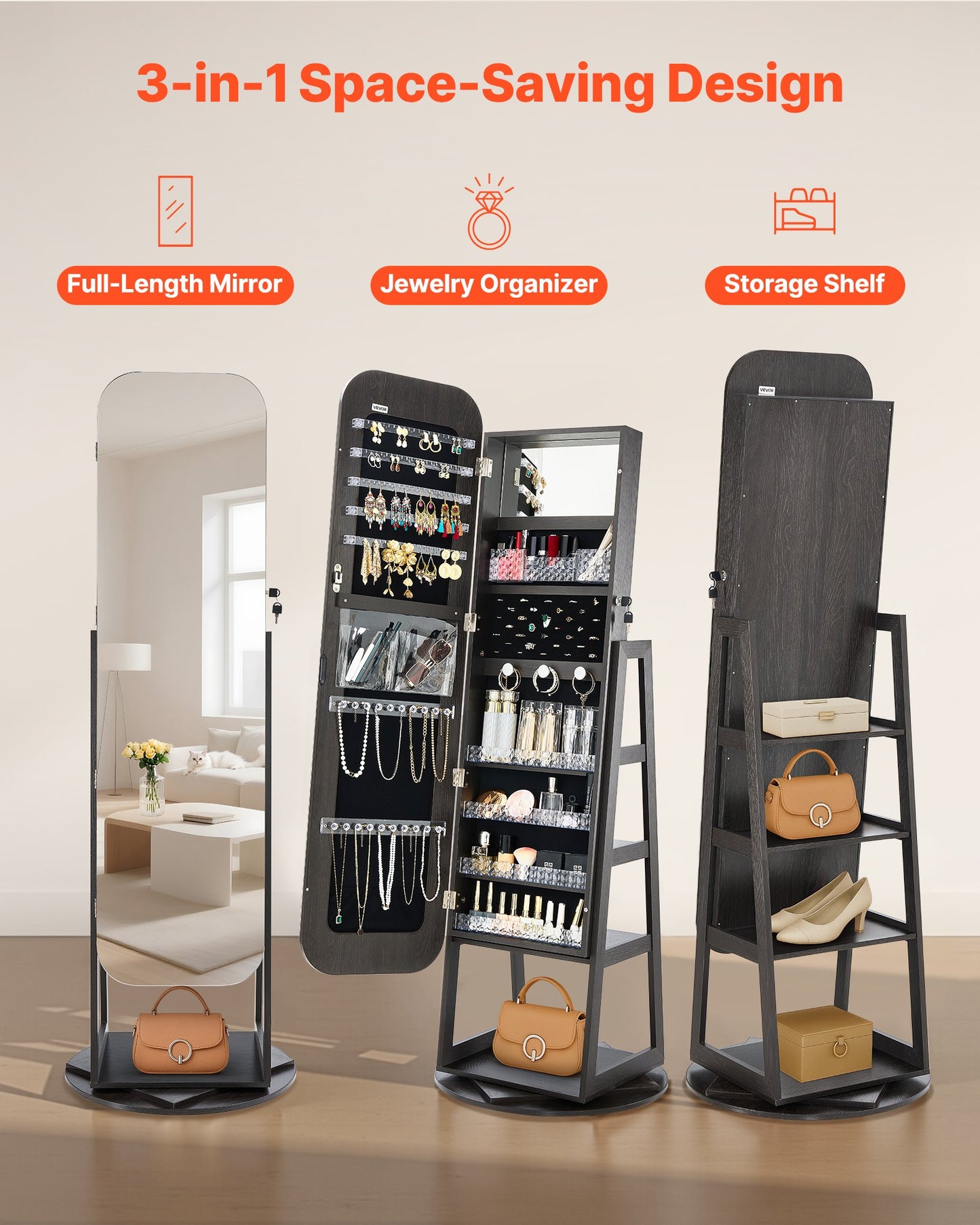 360° Swivel Jewelry Cabinet, 1600 mm Tall, Full-Length Mirror with Storage, Standing Rotatable Jewelry Armoire Organizer, Lockable Door with 2 Keys, Accessory Pouches, and Storage Shelves