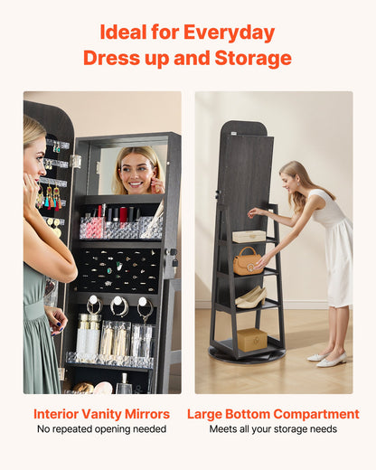 360° Swivel Jewelry Cabinet, 1600 mm Tall, Full-Length Mirror with Storage, Standing Rotatable Jewelry Armoire Organizer, Lockable Door with 2 Keys, Accessory Pouches, and Storage Shelves