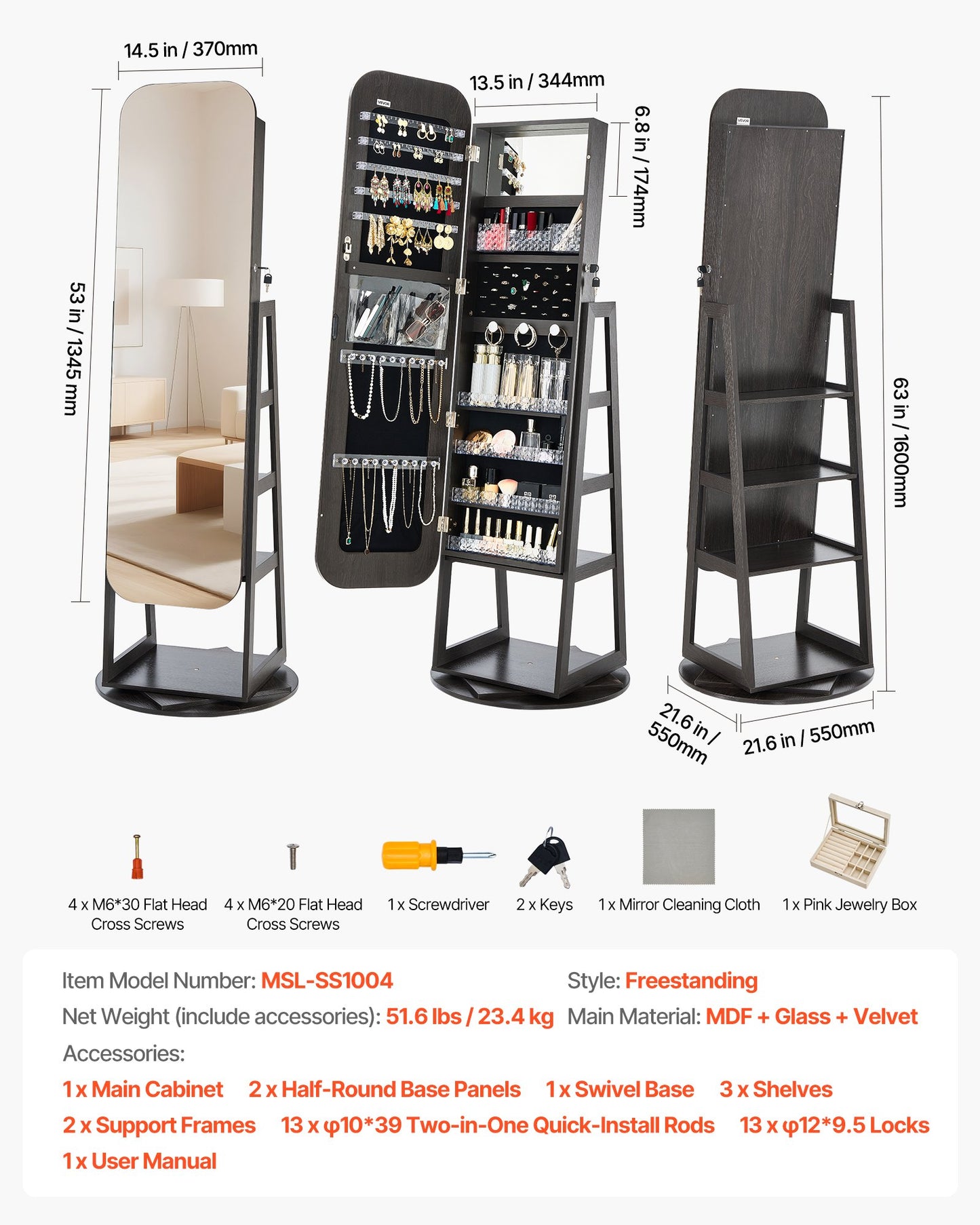 360° Swivel Jewelry Cabinet, 1600 mm Tall, Full-Length Mirror with Storage, Standing Rotatable Jewelry Armoire Organizer, Lockable Door with 2 Keys, Accessory Pouches, and Storage Shelves