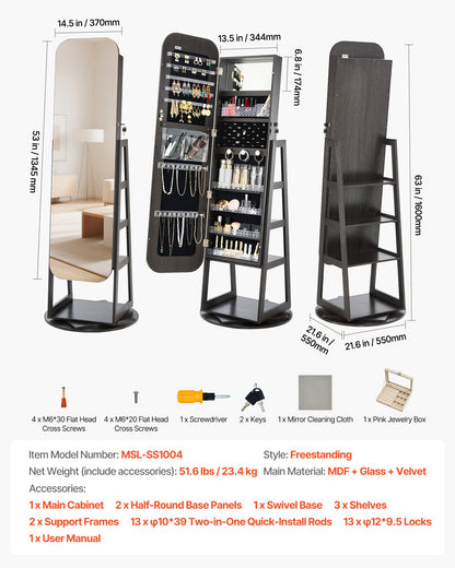360° Swivel Jewelry Cabinet, 1600 mm Tall, Full-Length Mirror with Storage, Standing Rotatable Jewelry Armoire Organizer, Lockable Door with 2 Keys, Accessory Pouches, and Storage Shelves