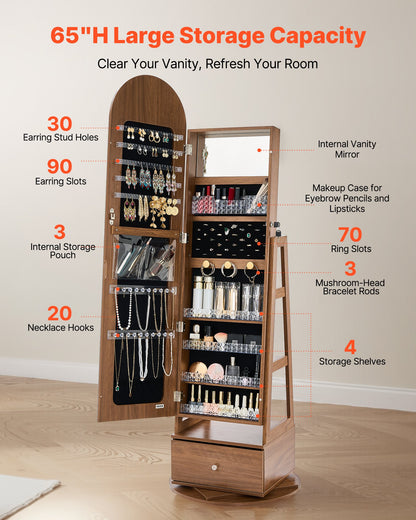 360° drehbarer Schmuckschrank, 1655 mm hoch, Ganzkörperspiegel mit Ablage, freistehender, drehbarer Schmuckschrank, abschließbar mit 2 Schlüsseln, Zubehörtaschen, Ablagefächer und Schublade