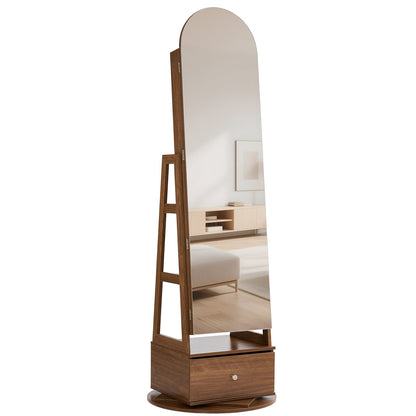 360° drehbarer Schmuckschrank, 1655 mm hoch, Ganzkörperspiegel mit Ablage, freistehender, drehbarer Schmuckschrank, abschließbar mit 2 Schlüsseln, Zubehörtaschen, Ablagefächer und Schublade