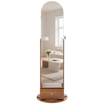 360° drehbarer Schmuckschrank, 1655 mm hoch, Ganzkörperspiegel mit Ablage, freistehender, drehbarer Schmuckschrank, abschließbar mit 2 Schlüsseln, Zubehörtaschen, Ablagefächer und Schublade