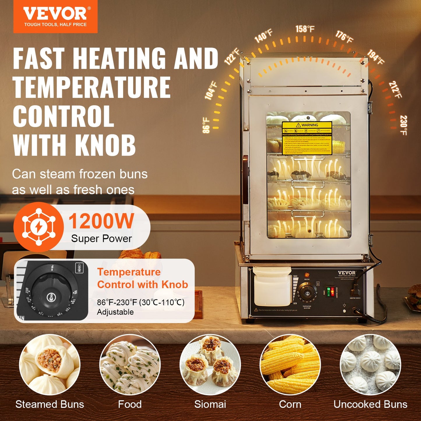 Commercial Food Warmer Display, 5-Tier Food Steamer Bun Warmer Machine, 30℃~110℃ Temperature Control, Stainless Steel Steamed Buns Warmer with LED, Steam Heating for Steamed Buns Siomai Corn