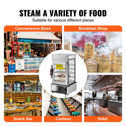 Commercial Food Warmer Display, 5-Tier Food Steamer Bun Warmer Machine, 30℃~110℃ Temperature Control, Stainless Steel Steamed Buns Warmer with LED, Steam Heating for Steamed Buns Siomai Corn