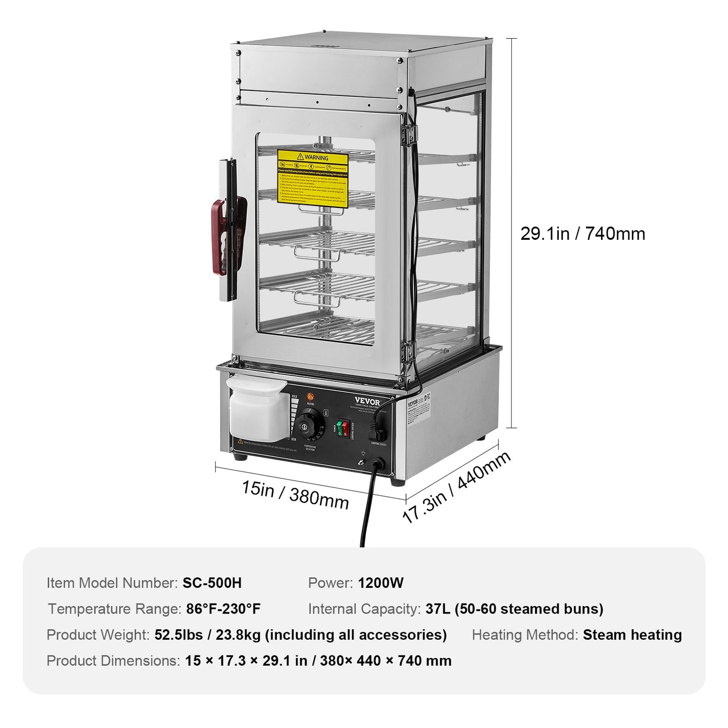 Commercial Food Warmer Display, 5-Tier Food Steamer Bun Warmer Machine, 30℃~110℃ Temperature Control, Stainless Steel Steamed Buns Warmer with LED, Steam Heating for Steamed Buns Siomai Corn