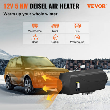 5KW Air Diesel Heater 12V Diesel Parking Heater LCD Switch 5KW Diesel Heater Muffler for RV Motorhome Trailer Trucks BoatsVEVOR