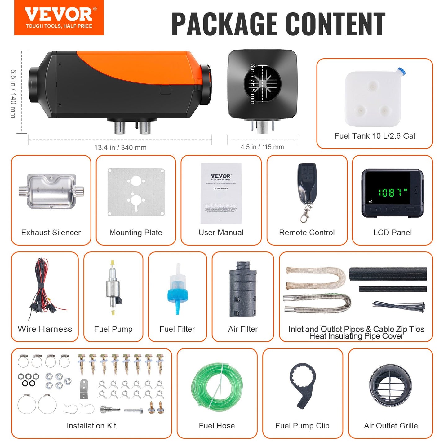 Diesel Air Heater, 12&24V 2KW Diesel Heater with Remote Control and LCD Display, 10L Fuel Tank Diesel Parking Heater, Rapid Heating for RV Trailer Camper Van Boat