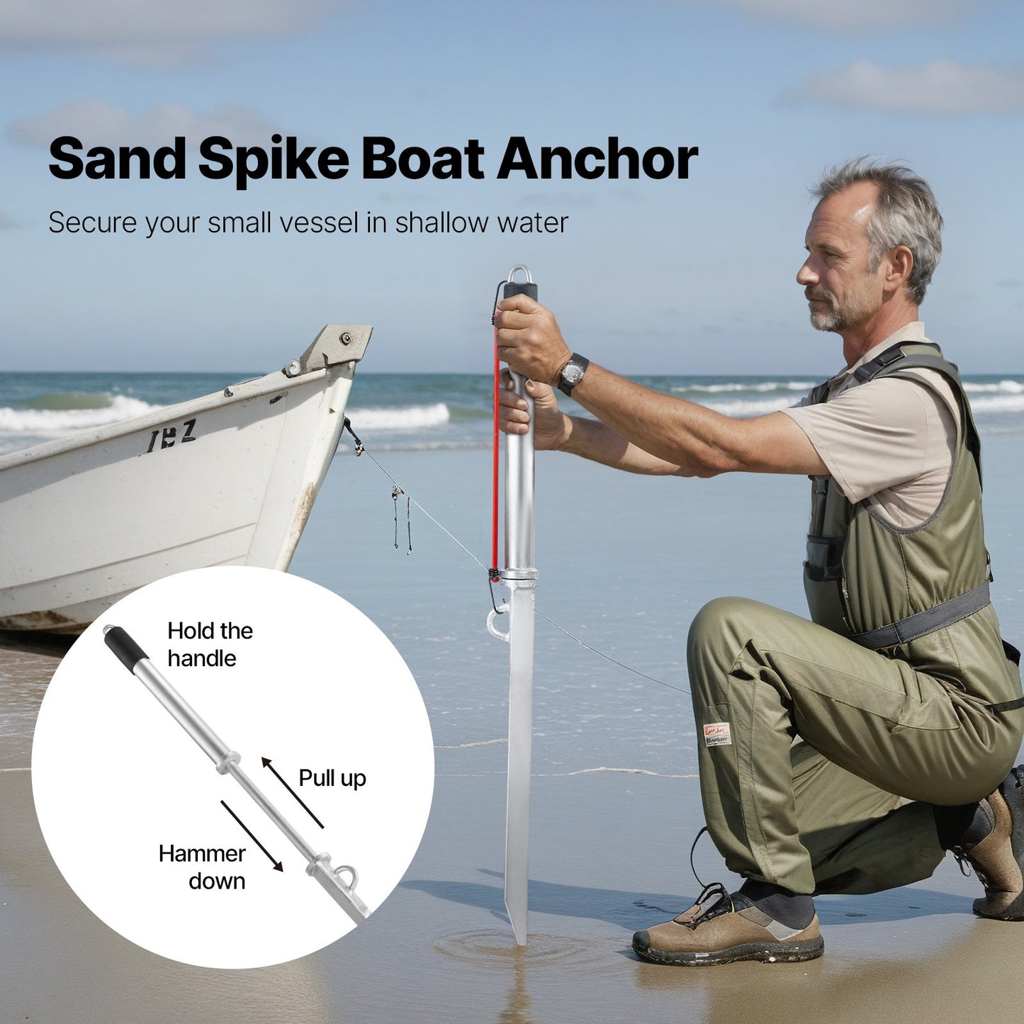 Sand Spike Boat Anchor, 90 cm Slide Anchor Shore Spike, Galvanized Carbon Steel Boat Shore Anchors, Shallow Water Beach Anchors, for Securing Jet Ski PWC Pontoon Kayak on Beaches & Sandbars