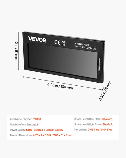 Auto Darkening Welding Lens 108 x 51 mm, Shade 11 True Color Welding Lens with Dual Arc Sensors, Compatible with Most Welding Helmets for TIG, MIG, MMA, ARC Applications