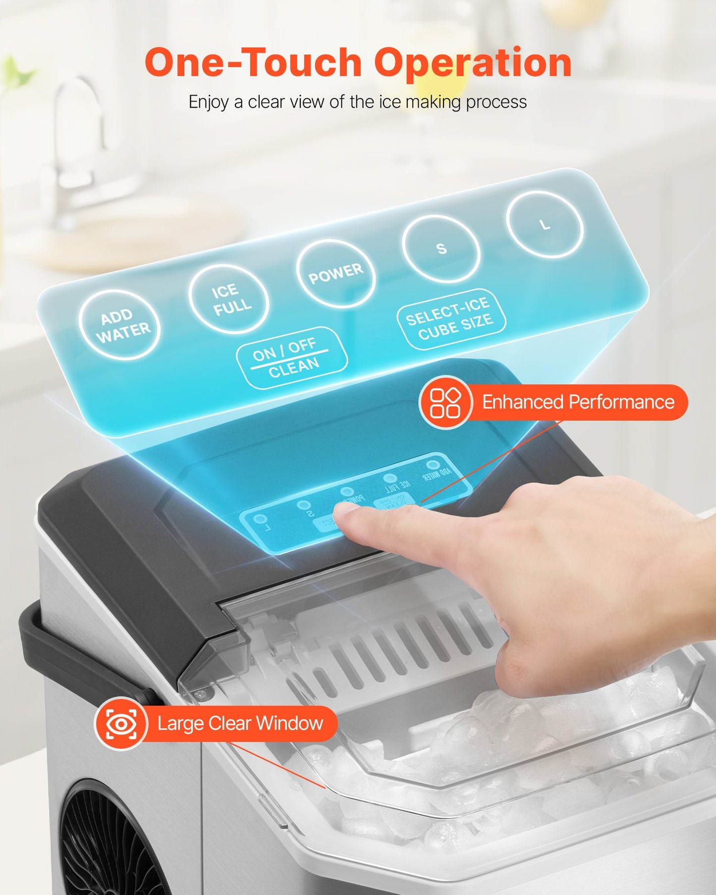 Eiswürfelbereiter für die Arbeitsplatte, 9 Eiswürfel in 6 Minuten, 12 kg in 24 Stunden, selbstreinigender, tragbarer Eiswürfelbereiter mit Eisschaufel und -korb, Eismaschine mit Eiswürfeln in 2 Größen für Zuhause, Küche, Büro, Bar und Partys
