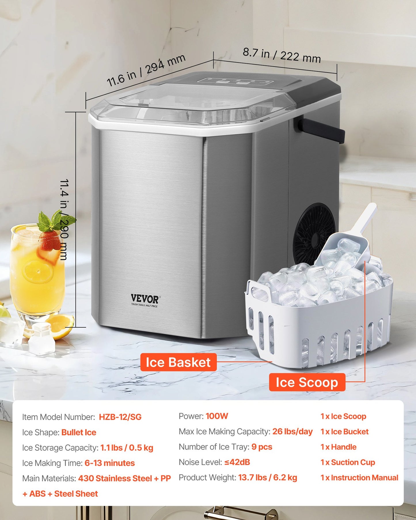 Eiswürfelbereiter für die Arbeitsplatte, 9 Eiswürfel in 6 Minuten, 12 kg in 24 Stunden, selbstreinigender, tragbarer Eiswürfelbereiter mit Eisschaufel und -korb, Eismaschine mit Eiswürfeln in 2 Größen für Zuhause, Küche, Büro, Bar und Partys