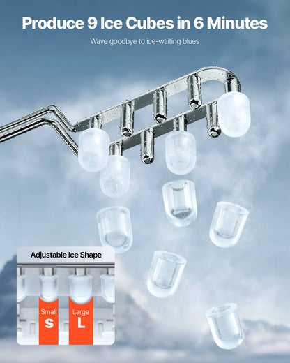 Eiswürfelbereiter für die Arbeitsplatte, 9 Eiswürfel in 6 Minuten, 12 kg in 24 Stunden, selbstreinigender, tragbarer Eiswürfelbereiter mit Eisschaufel und -korb, Eismaschine mit Eiswürfeln in 2 Größen für Zuhause, Küche, Büro, Bar und Partys