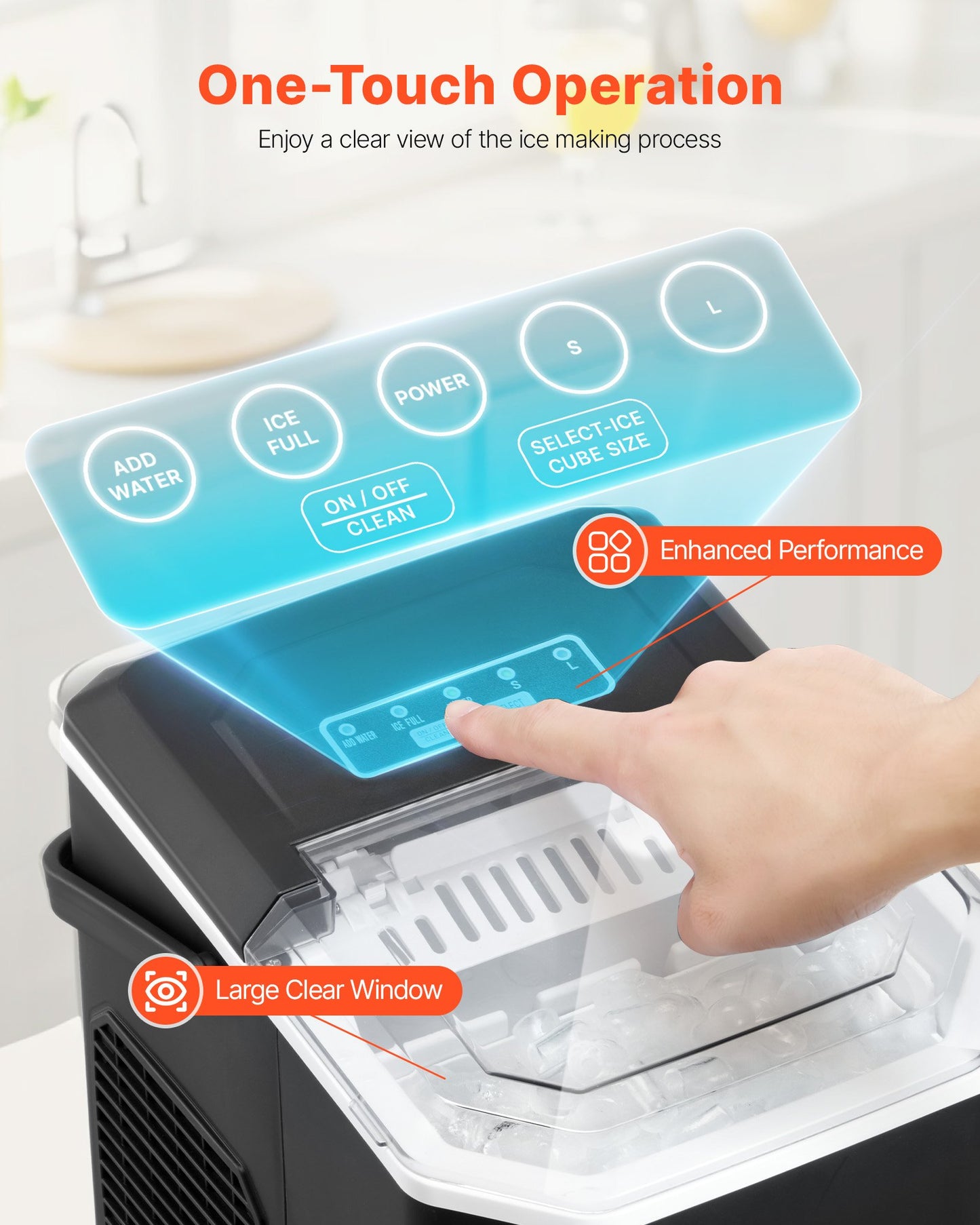 Eiswürfelbereiter für die Arbeitsplatte, 9 Eiswürfel in 6 Minuten, 12 kg in 24 Stunden, selbstreinigender, tragbarer Eiswürfelbereiter mit Eisschaufel und -korb, Eismaschine mit Eiswürfeln in 2 Größen für Zuhause, Küche, Büro, Bar und Partys