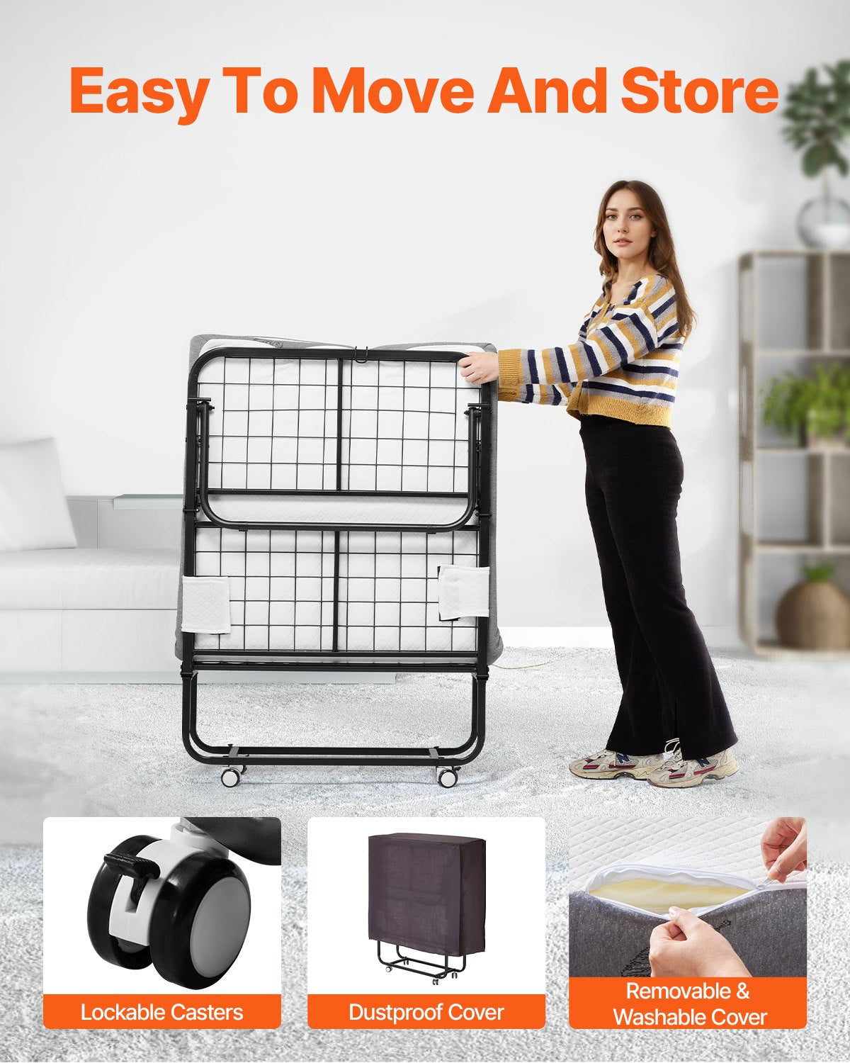 Rollaway Bed, 31 in x 75 in Folding Bed with 5 in Mattress, Twin Size Foldable Bed with Sturdy Metal Frame & Memory Foam Mattress, Portable Twin Roll Away Bed with Mattress, for Adults, Guest