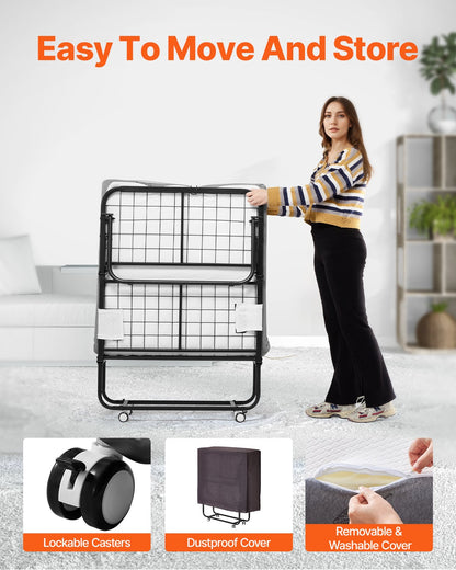 Rollaway Bed, 31 in x 75 in Folding Bed with 5 in Mattress, Twin Size Foldable Bed with Sturdy Metal Frame & Memory Foam Mattress, Portable Twin Roll Away Bed with Mattress, for Adults, Guest