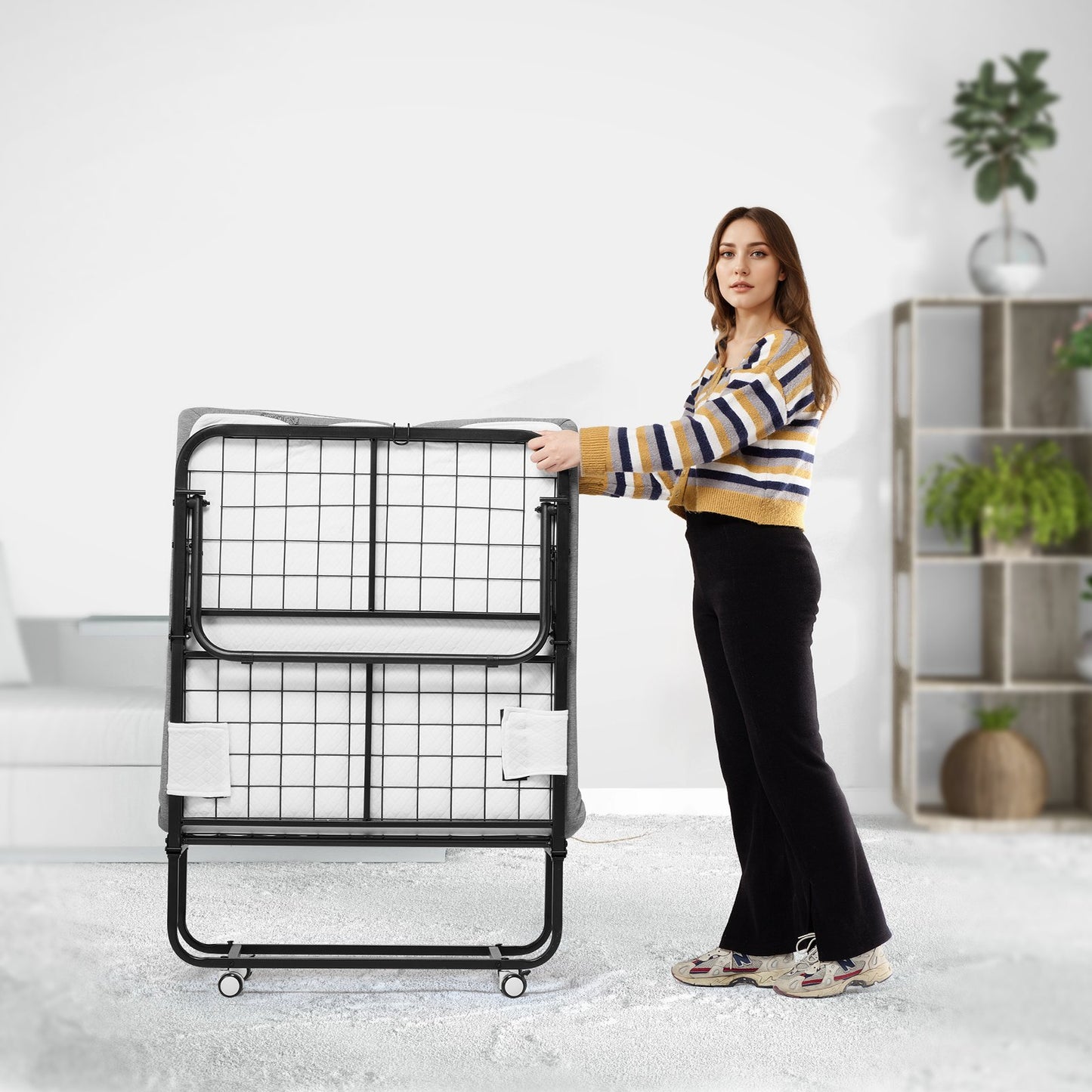 Rollaway Bed, 31 in x 75 in Folding Bed with 5 in Mattress, Twin Size Foldable Bed with Sturdy Metal Frame & Memory Foam Mattress, Portable Twin Roll Away Bed with Mattress, for Adults, Guest