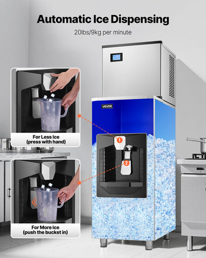 Eisspender, Eisbehälter mit 82 kg Fassungsvermögen, automatische Eisausgabe von 9 kg/min mit Crusher, höhenverstellbare Füße, für gewerbliche Eismaschinen, Restaurants und Hotels