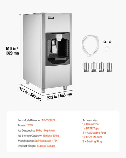 Eisspender, Eisbehälter mit 82 kg Fassungsvermögen, automatische Eisausgabe von 9 kg/min mit Crusher, höhenverstellbare Füße, für gewerbliche Eismaschinen, Restaurants und Hotels