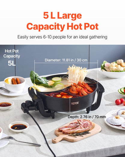 Elektrischer Hot Pot, 1360 W, 5 l, Shabu-Shabu-Topf mit zwei Geschmacksrichtungen, antihaftbeschichtet, mit Trennwand, Glasdeckel, Temperaturregelung, ideal für 6–10 Personen, Familienessen und Partys.
