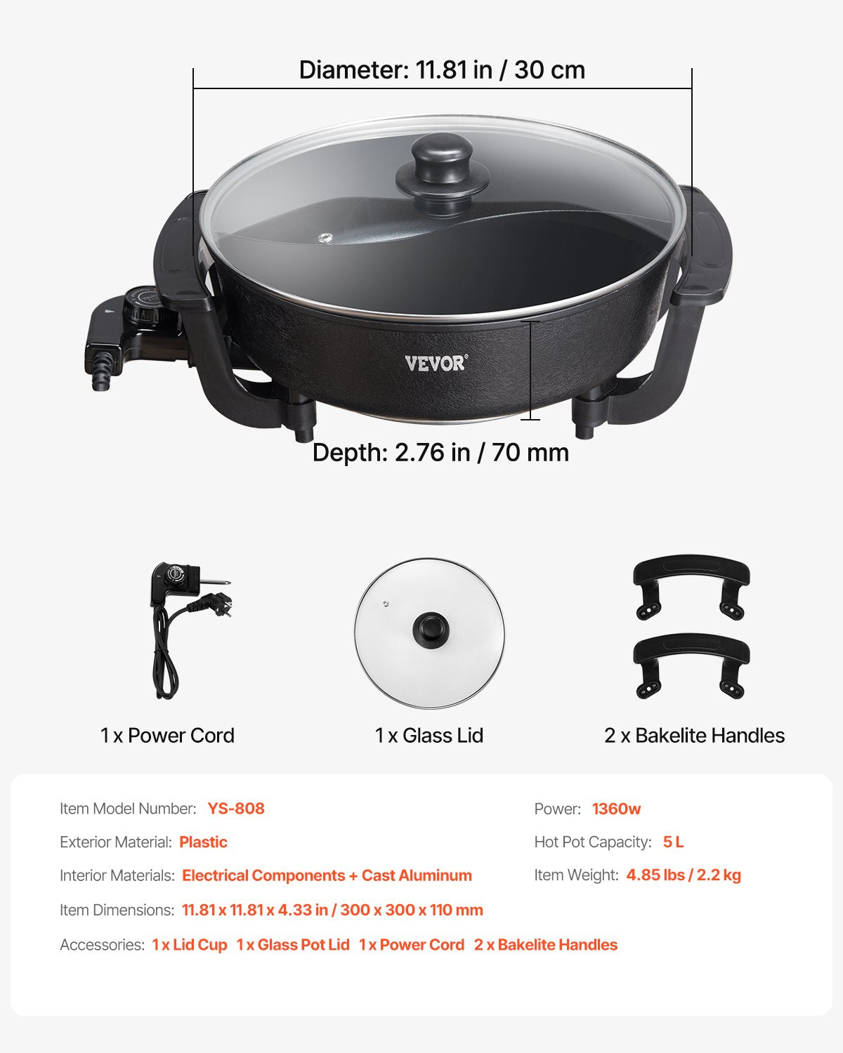 Elektrischer Hot Pot, 1360 W, 5 l, Shabu-Shabu-Topf mit zwei Geschmacksrichtungen, antihaftbeschichtet, mit Trennwand, Glasdeckel, Temperaturregelung, ideal für 6–10 Personen, Familienessen und Partys.