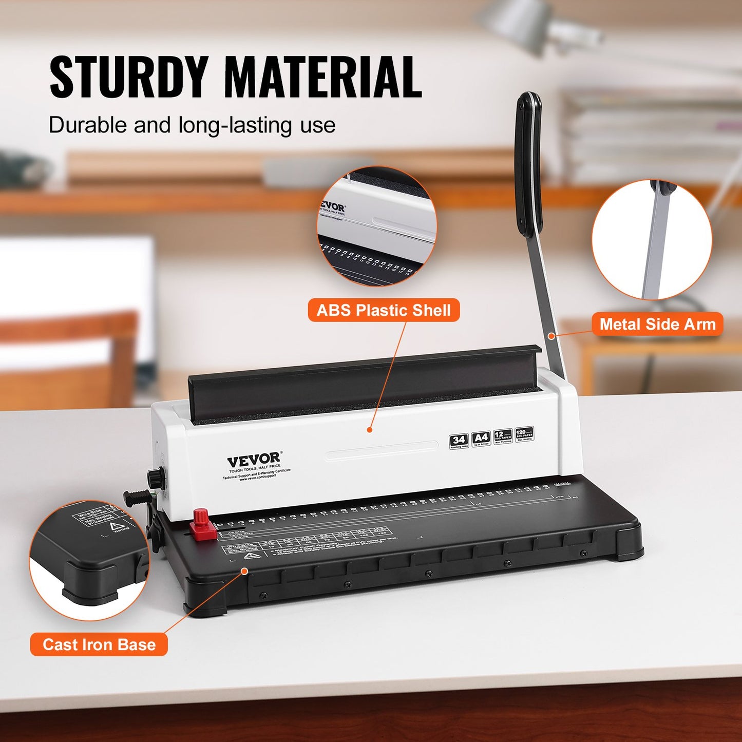 Spiralbindemaschine, manuelle Buchbindemaschine mit 34 Löchern für 120 Blatt, Locher, einstellbar für Spiralbindungen von 4,76 mm bis 14,29 mm, für Letter-, A4- und A5-Formate.