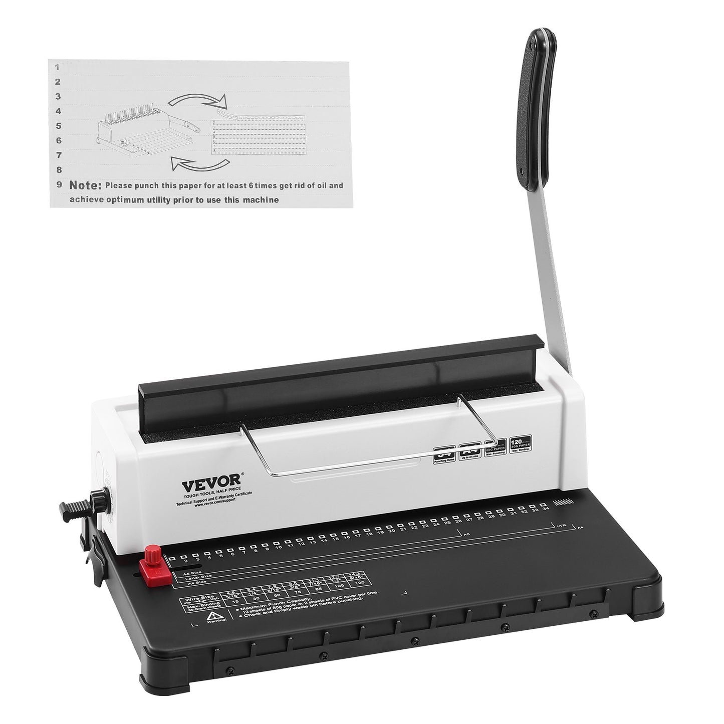 Spiralbindemaschine, manuelle Buchbindemaschine mit 34 Löchern für 120 Blatt, Locher, einstellbar für Spiralbindungen von 4,76 mm bis 14,29 mm, für Letter-, A4- und A5-Formate.