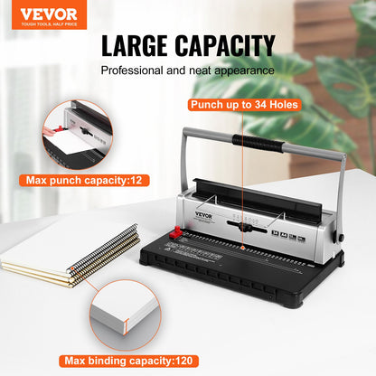 Spiralbindemaschine, manuelle Buchbindemaschine mit 34 Löchern für 120 Blatt, Locher mit einstellbaren Spiralbindungen (3/16" - 9/16") und Seitenrand, für Letter-, A4- und A5-Formate.