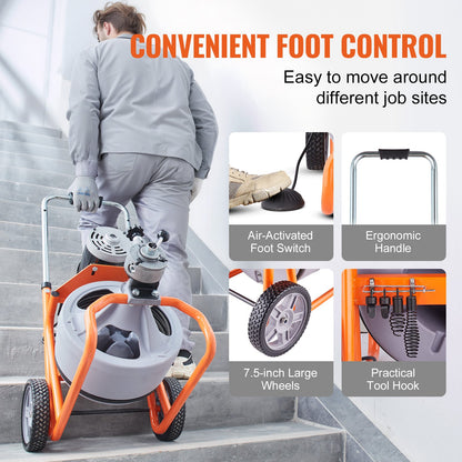 Rohrreinigungsmaschine 75 Fuß x 3/8 Zoll, automatische Rohrreinigungsspirale auf Rädern, tragbare Rohrreinigungsmaschine mit 8 Schneidwerkzeugen und pneumatischem Fußschalter für 2" bis 4" Rohre