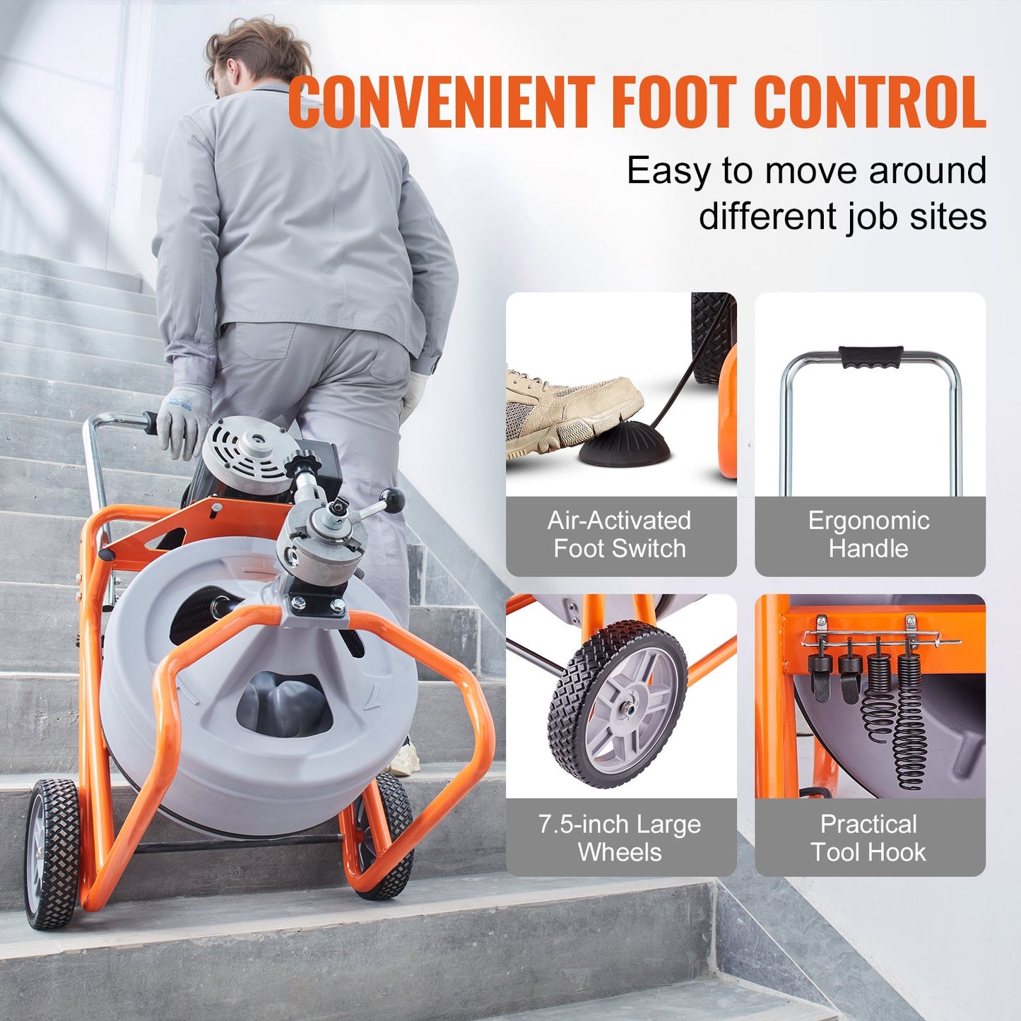 Abflussreinigungsmaschine 75 Fuß x 1/2 Zoll, automatische Abflussspirale auf Rädern, tragbare Abflussreinigungsmaschine mit 8 Schneidwerkzeugen und pneumatischem Fußschalter für 2- bis 4-Zoll-Rohre