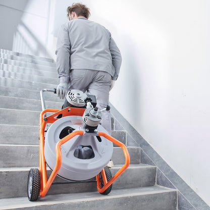 Abflussreinigungsmaschine 75 Fuß x 1/2 Zoll, automatische Abflussspirale auf Rädern, tragbare Abflussreinigungsmaschine mit 8 Schneidwerkzeugen und pneumatischem Fußschalter für 2- bis 4-Zoll-Rohre
