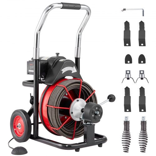 Drain Cleaner Machine 100FT x 1/2 Inch, Auto Feed Sewer Snake Auger on Wheels, 550W Portable Drain Cleaning Machine with 8 Cutters & Air-activated Foot Switch for 2" to 4" Pipes