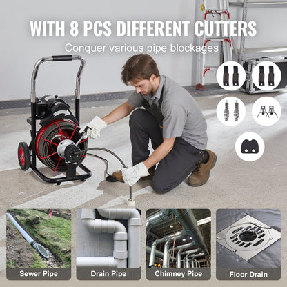 Drain Cleaner Machine 100FT x 1/2 Inch, Auto Feed Sewer Snake Auger on Wheels, 550W Portable Drain Cleaning Machine with 8 Cutters & Air-activated Foot Switch for 2" to 4" Pipes