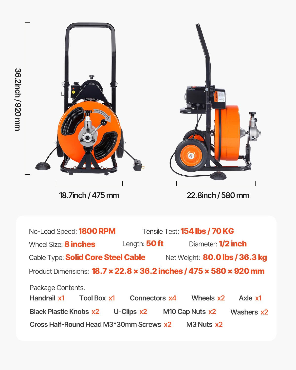 Elektrische Rohrreinigungsmaschine, 15,24 m x 1,27 cm, automatischer Vorschub