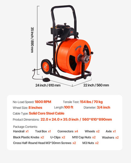 Elektrische Rohrreinigungsmaschine mit Spirale, 30,5 m x 19 mm, automatischer Vorschub