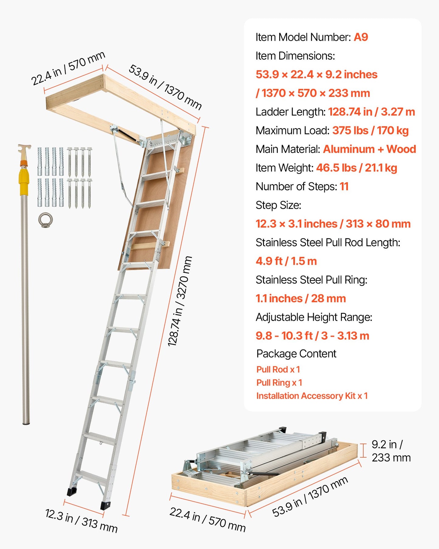 Dachbodentreppe, Tragkraft 170 kg, höhenverstellbar von 3 bis 3,13 m, vielseitig einsetzbare, faltbare Aluminium-Dachbodentreppe, geeignet für Deckenhöhen von 2,34 bis 3,12 m für bequemen Zugang