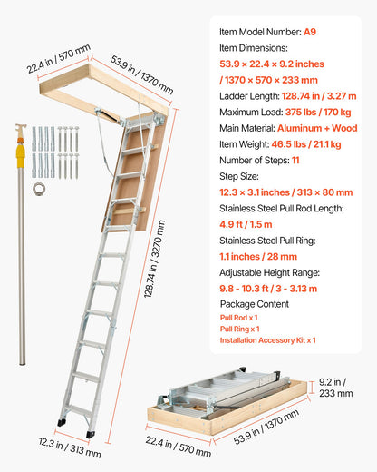 Dachbodentreppe, Tragkraft 170 kg, höhenverstellbar von 3 bis 3,13 m, vielseitig einsetzbare, faltbare Aluminium-Dachbodentreppe, geeignet für Deckenhöhen von 2,34 bis 3,12 m für bequemen Zugang