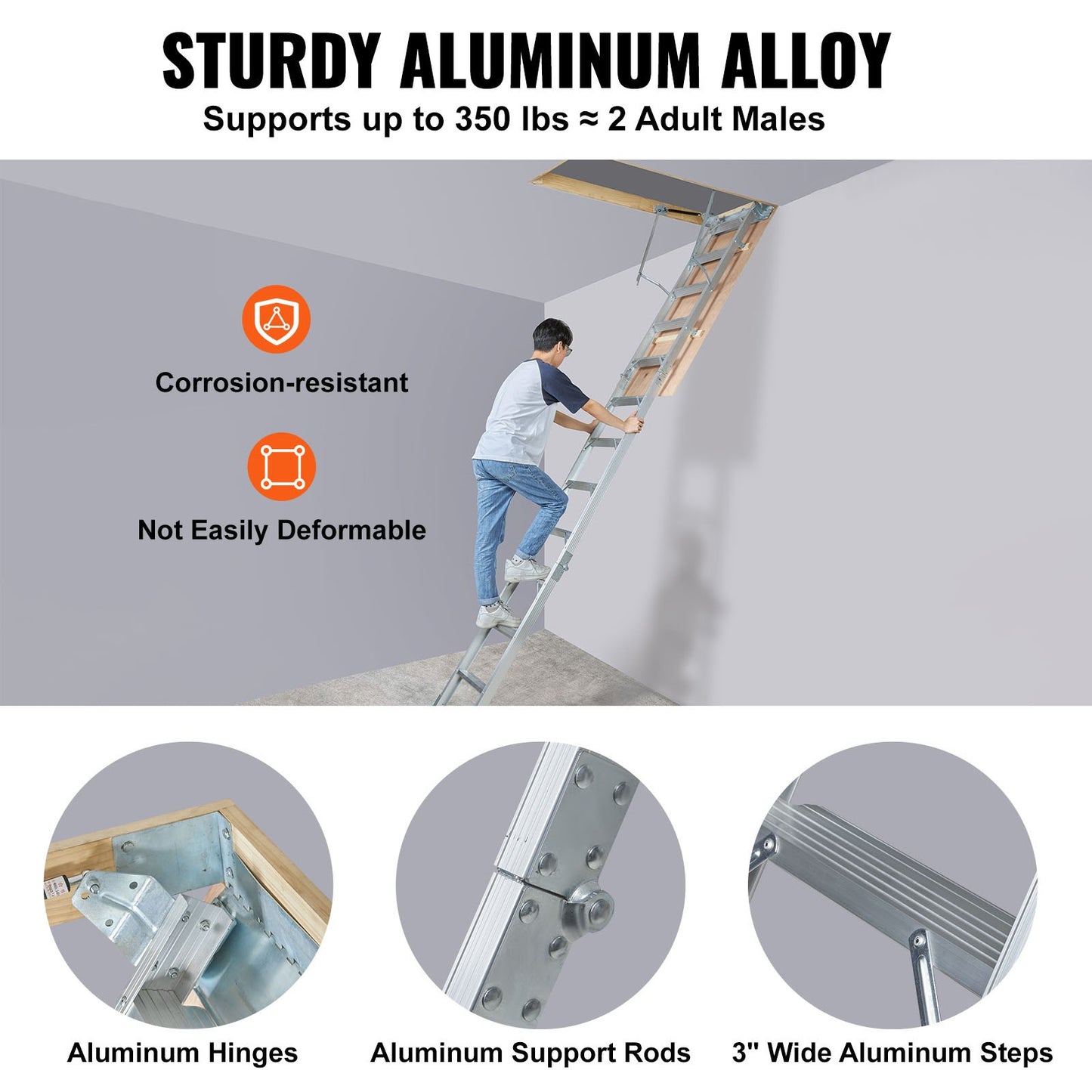 Attic Ladder Foldable, 158.8 kg Capacity, 57.15 cm x 160 cm, Multi-Purpose Aluminium Extension, Lightweight and Portable, Fits 2.9m-3.7m Ceiling Heights, Convenient Access to Your Attic Standard